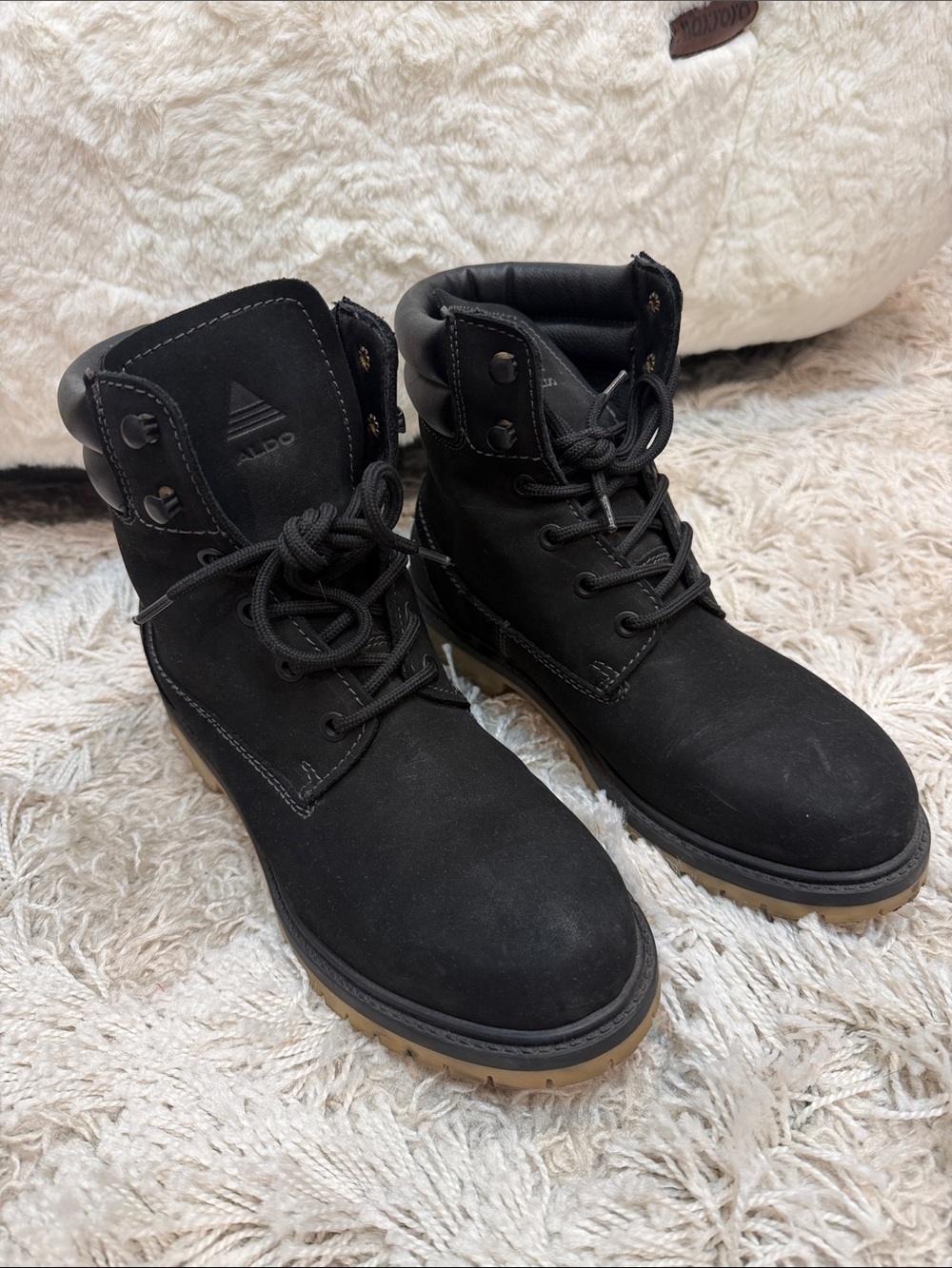 Aldo Black Lace-Up Utility Boots with Brown Lug Sole